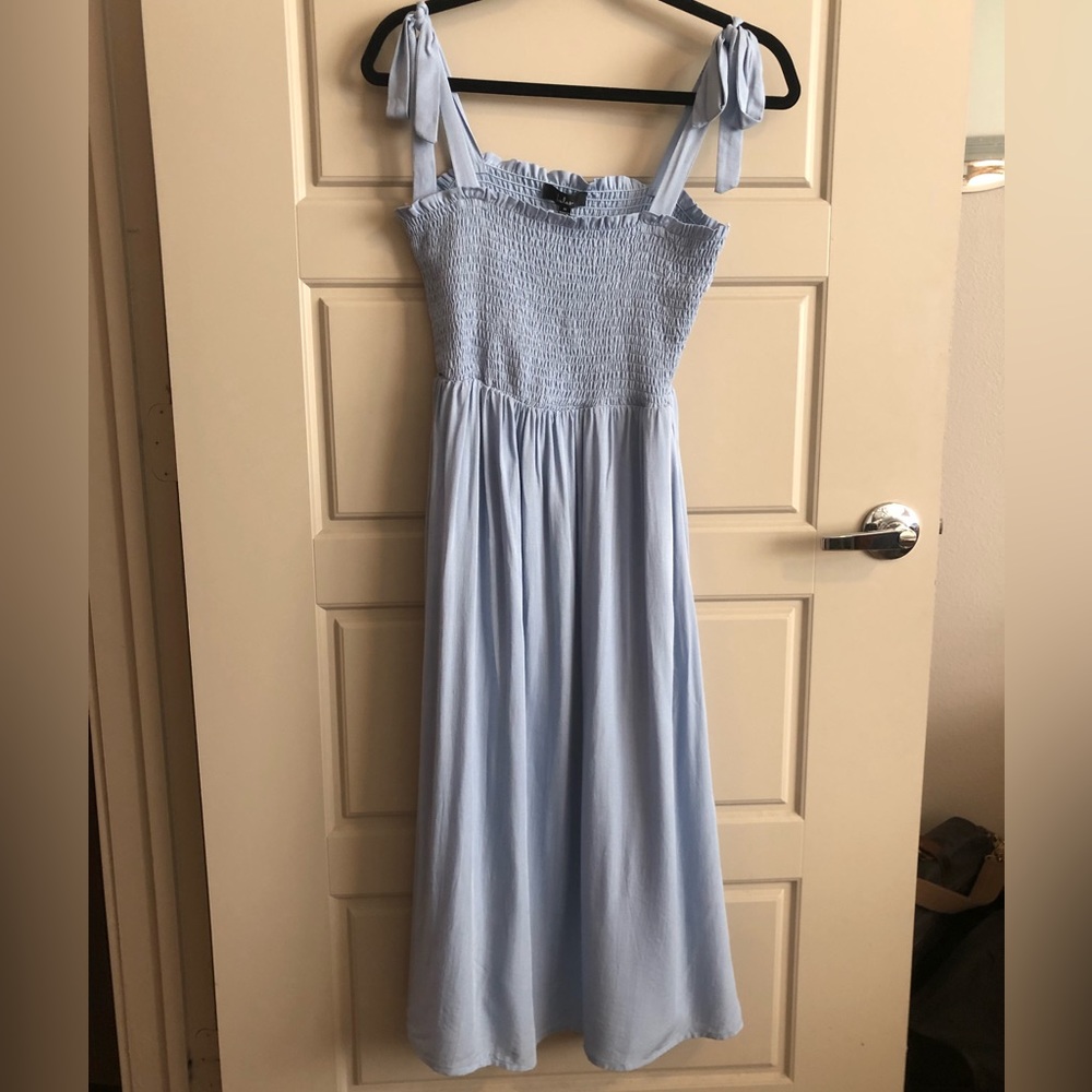 Lulu’s Looking Up Light Blue Smocked Tie-Strap Midi Dress